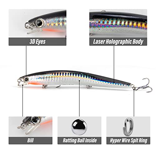 Dr.Fish Saltwater Fishing Lures Kit 5" Surf Fishing Sriper Saltwater Minnow Lures Mustad Hooks Jerkbait Popper Plugs Inshore Offshore Mackerel Tarpon Barracuda - color: Black,Silver (pack of 4)