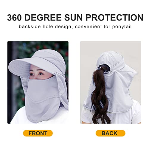 Women Wide Brim Face Mask Sun Hat Detachable Neck Face Flap Ponytail UV Protection Visor Hat Garden Fishing Hiking - color: A2-shun005-gray