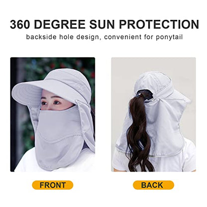 Women Wide Brim Face Mask Sun Hat Detachable Neck Face Flap Ponytail UV Protection Visor Hat Garden Fishing Hiking - color: A2-shun005-gray