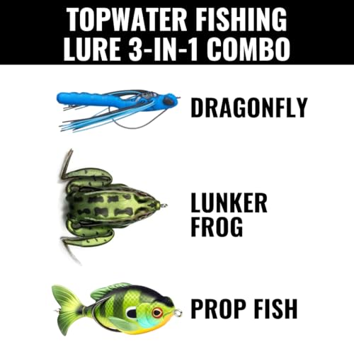 Lunkerhunt TOPCOM01 Topwater Combo – Assortment | Dragonfly, Lunker Frog, & Prop Fish | Durable Fishing Lures