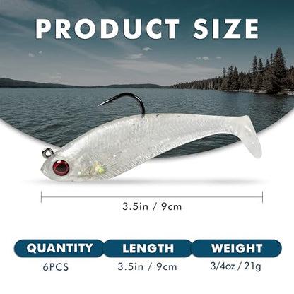 Pre-Rigged Soft Fishing Lures, Easy Catch Swimbaits for Bass Trout | Paddle & Curly Tail, Swim Baits for More Bites, Freshwater & Saltwater Fishing Bait, Crappie Walleye Pike Lures, Value Pack - color: A2-3.5"-0.75oz