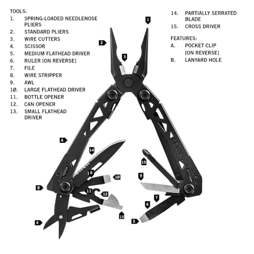 Gerber Suspension NXT 15-in-1 EDC Multitool, Pliers w/ Pocket Knife, Black | Needle nose pliers, wire stripper, 15 tools, camping/survival gear, EDC pocket clip, lightweight - color: Black