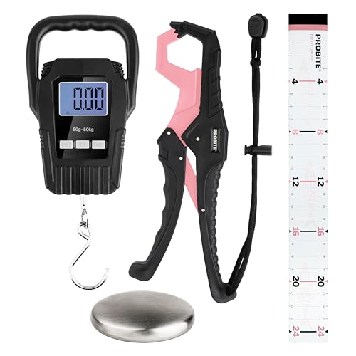 Fishing Tool Kit with Fish Gripper, Portable Fish Scale, Stainless Steel Soap & Measuring Ruler – Saltwater Resistant Tackle Accessories for Freshwater and Saltwater Anglers (4, Black & Pink) - color: Black & Pink, 4-in-1 Kit