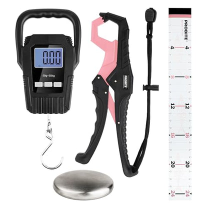 Fishing Tool Kit with Fish Gripper, Portable Fish Scale, Stainless Steel Soap & Measuring Ruler – Saltwater Resistant Tackle Accessories for Freshwater and Saltwater Anglers (4, Black & Pink) - color: Black & Pink, 4-in-1 Kit