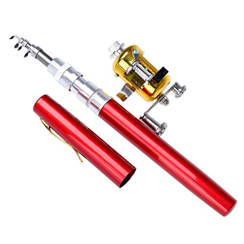 Jatzde Mini Portable Pocket Fish Rod Pen Aluminum Alloy Fishing Rod Pole Reel Combos… - color: Red