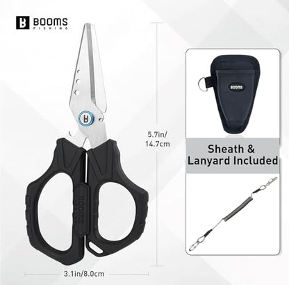 Booms Fishing Braided Line Cutter: 6.3in Multifunction Fishing Scissors with Lanyard and Sheath - Fishing Shears with Serrated Blades and Side Wire Cutter, S04 - style: Scissors with Lanyard & Sheath