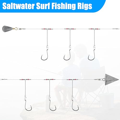 Saltwater Surf Fishing Tackle Kit - Saltwater Surf Fishing Rigs Bottom Rigs Include Fishing Leader Rigs Pyramid Sinkers Bass Casting Sinker Circle Hooks for Striped Bass Red Drum Flounder - color: Steel Gray