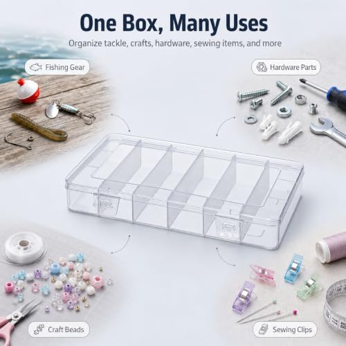 10 PCS Clear Tackle Box Organizer, 6 Grids Plastic Storage Container with Secure Lid, Small Parts Organizer for Craft Beads Binder Clips Sewing Supplies Lures Screws