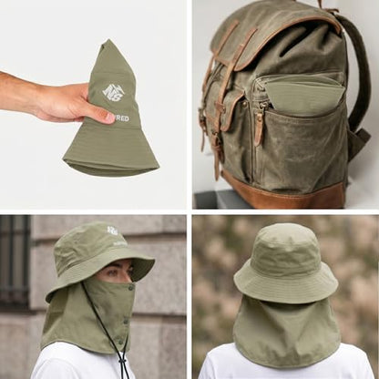 Bucket Hat for Men Women,Waterproof Sun Hat UV Protection with Detachable Face Neck Flap for Outdoors - color: Green+khaki
