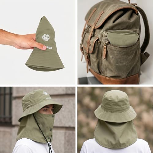 Bucket Hat for Men Women,Waterproof Sun Hat UV Protection with Detachable Face Neck Flap for Outdoors - color: Khaki