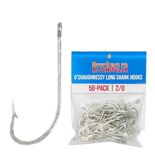 Rite Angler O'Shaughnessy Long Shank Hooks 50-Pack for Inshore and Offshore Fishing, Trolling in Saltwater and Freshwater, Assorted Sizes #2, 1, 1/0, 2/0, 3/0, 4/0, 5/0, 6/0, 7/0, 8/0, 9/0, 10/0 - size: 2/0
