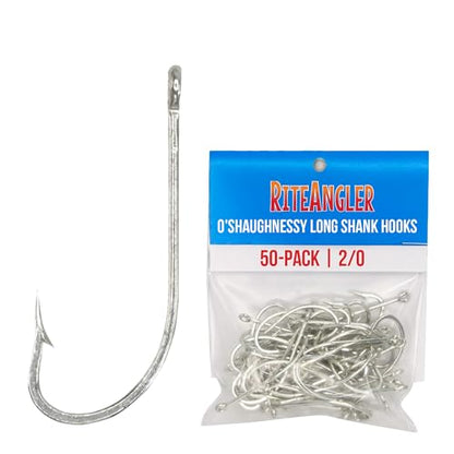 Rite Angler O'Shaughnessy Long Shank Hooks 50-Pack for Inshore and Offshore Fishing, Trolling in Saltwater and Freshwater, Assorted Sizes #2, 1, 1/0, 2/0, 3/0, 4/0, 5/0, 6/0, 7/0, 8/0, 9/0, 10/0 - size: 2/0
