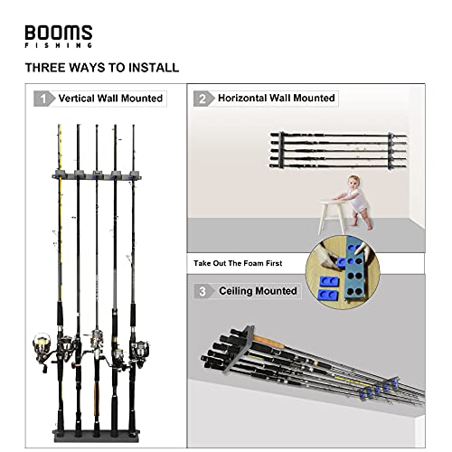 Booms Fishing Rod Holder for Garage: Wall Mount Fishing Pole Holders for Garage | Fishing Rod Rack Holds Up to 10 Rods, Vertical/Horizontal/Ceiling Fishing Pole Racks, WV4 Gray + Blue - color: Gray + Blue