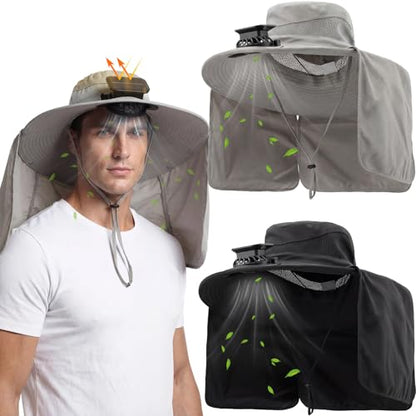 Maiteenly 2 Pcs Solar Fan Hat for Men with Neck Flap Bucket Fan Buit in Hats for Hiking Fishing Outdoor USB and Solar Powered - color: Black, Light Gray