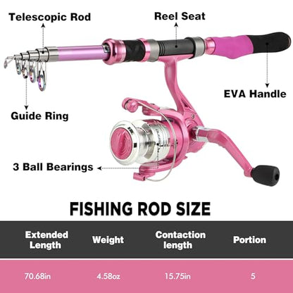 Fishing Rod and Reel Combos, Fishing Gear Gifts for Women with Spinning Reel, Lures, Line, Pink Ladies Telescopic Pole Kit Designed for Girls Adults by PLUSINNO - size: 5.91 ft - Complete Kit