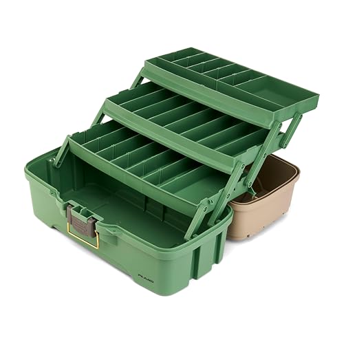 Plano Three-Tray Tackle Box Catfish Kit, Green/Tan, Rust-Proof Brass Latch, Top-Access Tray Compartments with Deep Storage, Made in the USA, Portable Fishing Gear Storage Organizer - style: Catfish
