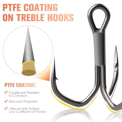 Dovesun Fishing Treble Hooks, Triple Hooks 3X Strong Professional V, 50PCS High Carbon Steel Replacement Fishing Hooks for Saltwater and Freshwater, Sizes #10#8#6#4#2 - color: PTFE Coating, size: #10 * 50PCS