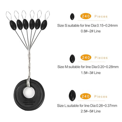 Lavie&Camus 720PCS Fishing Bobber Stopper, Oval Floats Sinker Stops, 6 in 1 Black Rubber Bobber Stops, L M S Size Float Stop Kit