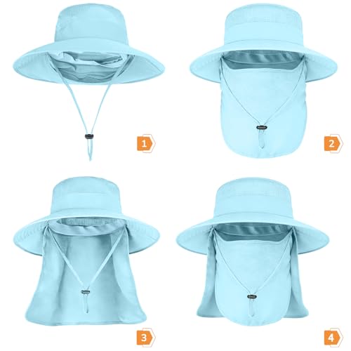 Sun Hats for Men Women Fishing Hat UPF 50+ Breathable Wide Brim Bucket Hats Summer UV Protection Safari Hat with Neck Flap - color: Blue (With Face Cover)