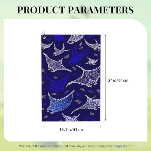 Manta Ray and Fish Golf Towel 16" X 24" with Clip Golfer Bags Accessories Gifts - color: Manta Ray and Fish