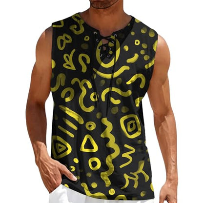 MARSVOVO Mens Print V-Neck Tank Tops Casual Lace-Up Loose Fit Graphic Vest Lightweight Breathable Sleeveless Shirts - color: Pattern B, size: Small