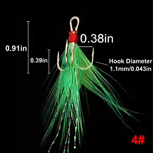 20Pcs Treble Fishing Hooks with Feather Size Stainless Steel Barbed Sharp Triple Fishhook with Box for Saltwater Freshwater - color: 20pcs-Green Feather, size: 8#