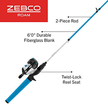Zebco Roam Spincast Reel and Fishing Rod Combo, 6-Foot 2-Piece Fiberglass Fishing Pole with ComfortGrip Handle, Quickset Anti-Reverse Fishing Reel, Pre-Spooled with 10-Pound Zebco Line - color: Blue