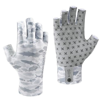 BASSDASH 3/4 Finger UPF 50+ Sun Gloves Breathable Anti-Slip Silicone Palm for Men Women Fishing Fingerless Cycling Running - color: Grey Fishes, size: Small