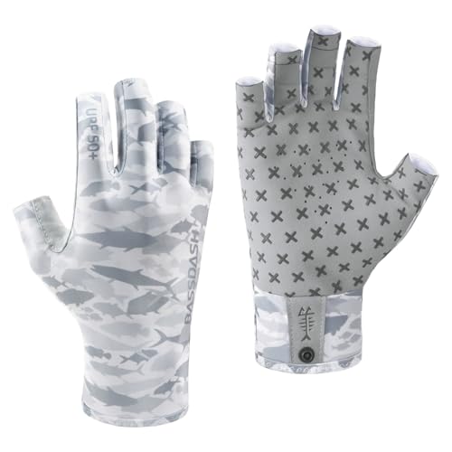 BASSDASH 3/4 Finger UPF 50+ Sun Gloves Breathable Anti-Slip Silicone Palm for Men Women Fishing Fingerless Cycling Running - color: Grey Fishes, size: X-Large