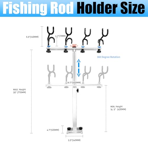 Fishing Rod Holder for Boat,Marine Fishing Pole Rack with The Function of Holding Four Fishing rods and 360 Degree Rotation & Adjustable Height,Includes mounting Plate. - color: Silver