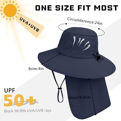 Sun Hats for Men Women, UPF50+ Protection Safari Hat,Wide Brim Fishing Hat with Neck Flap,Bucket Hats for Beach Hiking - color: Navy
