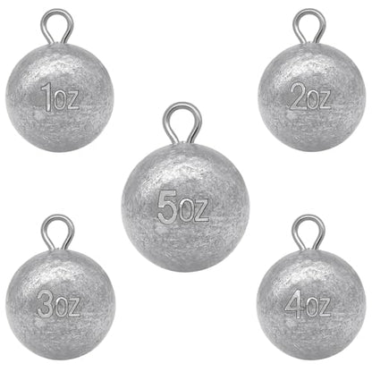 5 Pcs Fishing Round Sinker Cannonball Lead Weights Assortment Egg Drop Bass Weights Saltwater Freshwater Casting 1-5oz - size: Mixed - 5pcs