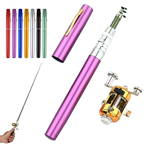 2023 Pocket Size Fishing Rod, 38inch Mini Fishing Pole Pen Fishing Rod Reel Set, Aluminum Alloy Telescopic Fishing Rod Collapsible Fishing Pole Kit - color: Purple