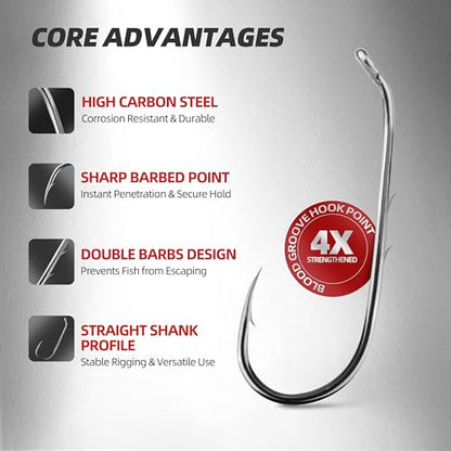 Offset Worm Hooks with Dual Barbs – High Carbon Steel Fishing Hooks for Soft Plastic Baits, Freshwater & Saltwater, 150 Count Bulk Pack with 6 Sizes & Mixed Assortment - size: 12#