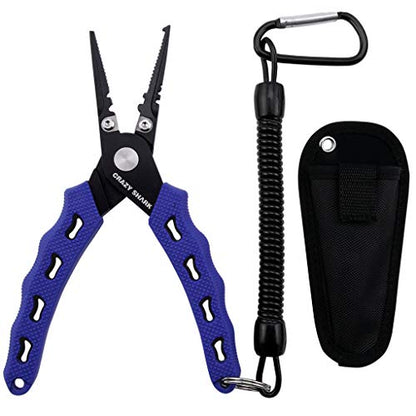 Fishing Pliers, Stainless Steel Fishing Tools, Saltwater Resistant Fishing Gear, Tungsten Carbide Cutters, Split Ring Pliers, Hook Remover with Coiled Lanyard and Sheath - color: Blue B - 6" Split Ring Nose