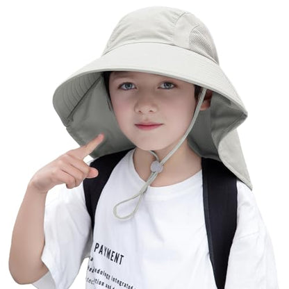 Rosoz Kids Sun Hat with Neck Flap UV Protection Summer Toddler Beach Hat Unisex Ponytail Hat Wide Brim Fishing Hat - color: 2pack-purple+l Grey