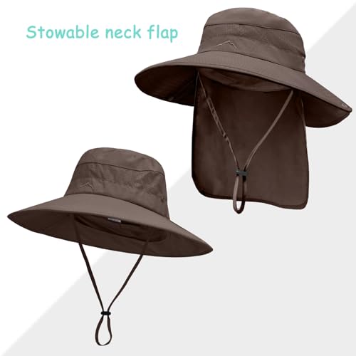 Sun Hats for Men Women, UPF50+ Protection Safari Hat,Wide Brim Fishing Hat with Neck Flap,Bucket Hats for Beach Hiking - color: Coffee