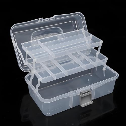 Tosnail 12-Inch 3 Layers Plastic Craft Organizer Box Storage Container First Aid Carrying Case for Sewing, Painting, Arts - Clear
