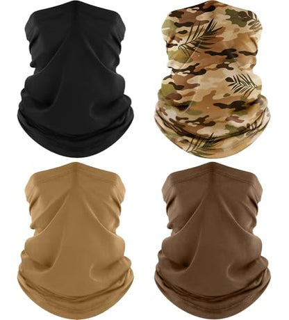 ROXUN Neck Gaiter, 4 Pack Summer Cooling Breathable Face Mask for Outdoors | Stretch Moisture Wicking, UPF 50, Wind Dust UV Protection, Unsiex - color: Black+sand+brown+tropical Leaf