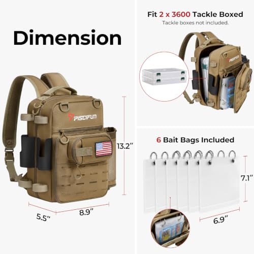 Piscifun Fishing Tackle Backpack, Convertible Sling or Waist Pack, 16-Pocket Storage Gear Bag with 2 Rod Holders & Rain Cover | 16 smart pockets, 2 rod holders, Rain cover, Breathable back support, Convertible sling/waist/backpack carry - color: Khaki