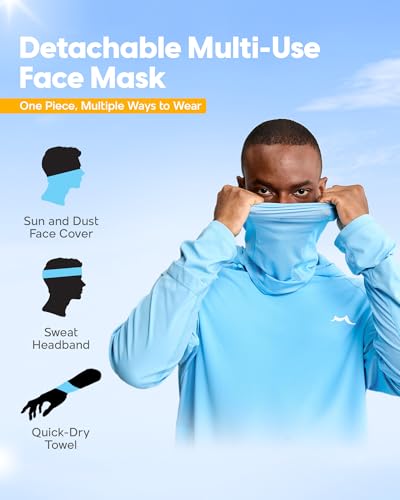 maamgic Men’s UPF 50+ Fishing Shirt Sun Hoodie with Detachable Face Mask, Long Sleeve UV Rash Guard - color: Blue, size: X-Large