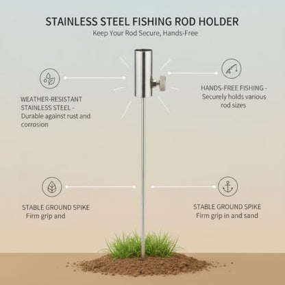 Silver Stainless Steel Ground Spike Fishing Rod Holder for Bank and Shore Angling
