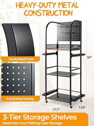 Fishing Rod Holders for Garage, Fishing Rod Rack Holds Up to 12 Rods, Rolling Fishing Pole Storage Organizer with Pegboard, Hooks & Wheels, Fishing Gear Organizer for Tackle Boxes, Reels & Accessories
