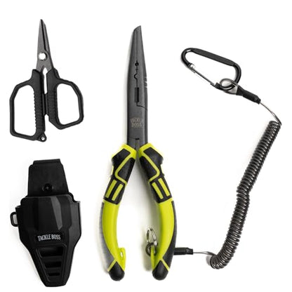 Tackle Boss Outlaw Fishing Pliers & Tool Set – 7.5" Stainless Steel Fishing Pliers, Braid Scissors, Hook Remover & Line Cutter with Holster and Lanyard, Freshwater & Saltwater Fishing Gear - color: Yellow