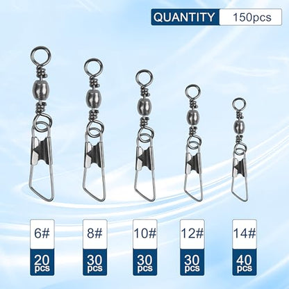 150pcs Fishing Swivels Snaps Kit, Barrel Swivels Fishing Tackle with Stainless Steel Safety Snaps, High Strength Fish Leader Line Connect for Saltwater Freshwater