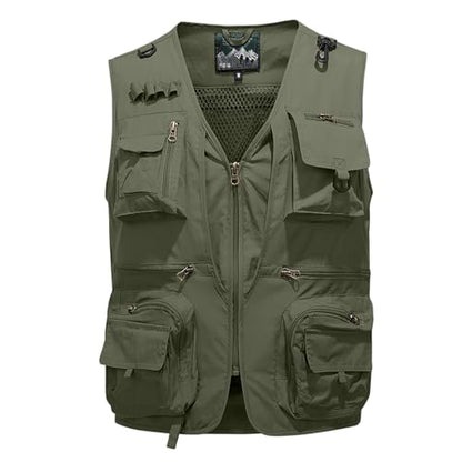 Men's Fishing Vest Casual Utility Lightweight Cargo Vest with Multi Pockets Outdoor Safari Photo Travel Jacket Vest - color: Y002- Army Green, size: Medium