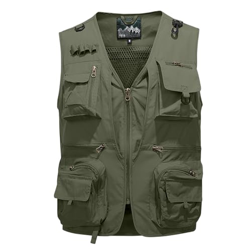 Men's Fishing Vest Casual Utility Lightweight Cargo Vest with Multi Pockets Outdoor Safari Photo Travel Jacket Vest - color: Y002- Army Green, size: XX-Large