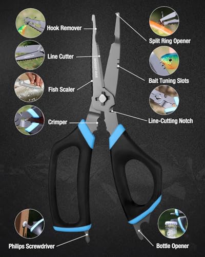 Mossy Oak 9.4" Fishing Shears, Detachable Multifunctional Large Scissors | for Braid, Mono & Fluorocarbon Line & Bait, with Scaler, Hook Remover, Bottle Opener & Sheath