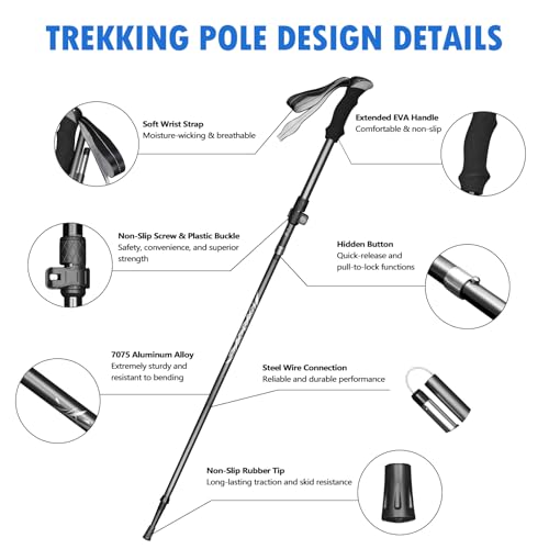 Deepfeel Collapsible Trekking Pole Adjustable Hiking Pole - Aluminum Alloy 7075 Walking Stick with Telescopic & Foldable Tri-fold Design for Travel Camping Climbing Walking - color: Black
