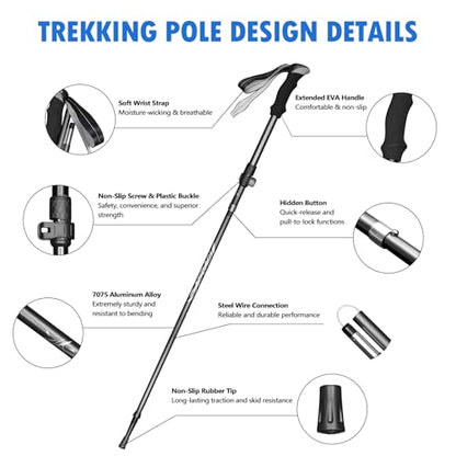 Deepfeel Collapsible Trekking Pole Adjustable Hiking Pole - Aluminum Alloy 7075 Walking Stick with Telescopic & Foldable Tri-fold Design for Travel Camping Climbing Walking - color: Black